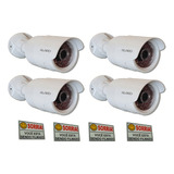 04 Un Câmeras Falsa Bullet Bivolt Com Led E Placas Aviso Cor Branco