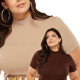 2-blusa Camiseta Cacharrel Feminina Plus Size 3/4 Gola Alta