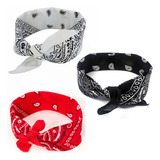 3 Bandanas De Algodão Estampa Paisley Preta Branca Vermelha