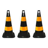 3 Cones De Sinalização Preto Com Faixa Refletiva 50cm