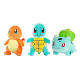 3 Pelúcias Pokémon Iniciais Bulbassauro Charmander Squirtle Cor Azul Laranja E Verde