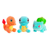 3 Pelúcias Pokémon Iniciais Bulbassauro Charmander Squirtle Cor Azul Laranja E Verde