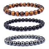 3 Pulseiras Hematita Olho De Tigre Onix - Proteção Diâmetro 18 Cm