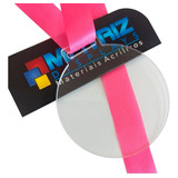 30 Medalhas Redonda 5cm Acrílico Cristal 2mm E Fita Rosa