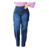 Calca Feminina Jeans Wide Leg Plus Size Cargo Com Elastano