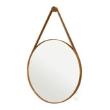 Espelho Redondo Decorativo 60cm Al�a De Couro Costura Branca Cor Da Moldura Caramelo Rei Dos Vidros