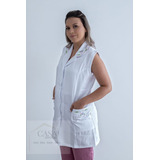 Jaleco Feminino Branco Acinturado Sem Manga Bordado C/ Bolso