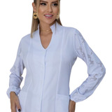 Jaleco Feminino Manga Longa Renda Gola Semi Padre E Punho