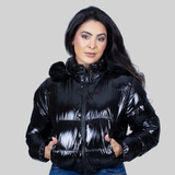 Jaqueta Feminina Puffer Metalizada Curta Com Capuz Fashion