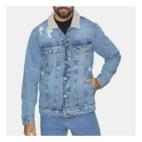 Jaqueta Jeans Botoes Masc Gola Pelucia Pelo Destroyed Denim
