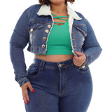 Jaqueta Jeans Cropped Plus Size Feminina Com Abertura Botão