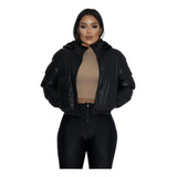 Jaqueta Puffer Feminina Couro Cropped Bobojaco Forrada Capuz