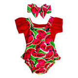 Jardineira Body Romper Mesversario Melancia Fruta Roupa Bebe