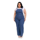 Jardineira Calça Jeans Plus Size Cintura Alta Pantalona