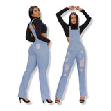 Jardineira Calça Macacão Feminina Jeans Lycra Lavagem Clara