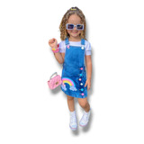 Jardineira Luxo Arco-íris Jeans Infantil Vestido Menina Ful