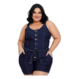 Jardineira Macacão Plus Size Bolsos Jeans Botões Blogueiras