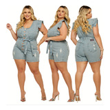 Jardineira Macaquinho Macacão Pluz Size Lycra Jeans Feminino