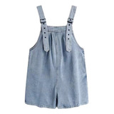 Jardineira Short Jeans Feminina Casual Solto Confortável