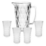 Jarra Vidro Diamond E 4 Copos Diamante Transparente Agua 1l