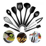 Jogo 10 Utensílios Cozinha Silicone Preto Colher Pegador