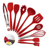 Jogo 10 Utensílios Cozinha Silicone Vermelho Colher Pegador