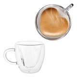 Jogo 2 Xícaras Coração 230ml Café Chá Cj Vidro Parede Dupla