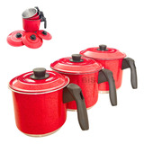 Jogo 3 Leiteira Vermelho Com Tampa Caneca Fervedor Alumínio