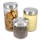 Jogo 3 Potes Vidro Liso Tampa Rosca Inox Porta Mantimentos Cor Tampa Inox