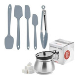 Jogo 5 Espátulas Confeiteiro Silicone + Açucareiro Aço Inox