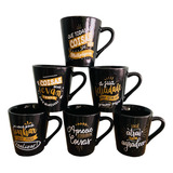 Jogo 6 Caneca Tulipa Café Chá Porcelana Preta Frases Dourada