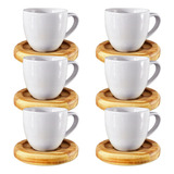 Jogo 6 Xicara Café Porcelana Branca Peça Pires Madeira 95ml