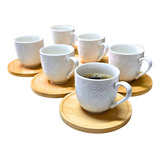 Jogo 6 Xícaras Café Branca Porcelana Pires Bambu Premium