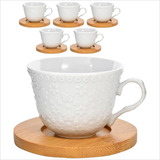 Jogo 6 Xicaras De Porcelana Floral Com Pires Em Bambu 100ml Cor Branco Floral E Bambu