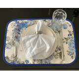 Jogo Americano 4 Peças Jacquard Floral Azul 50 X 35