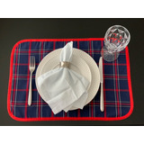 Jogo Americano 4 Peças Jacquard Xadrez Azul Vermelho 50 X 35