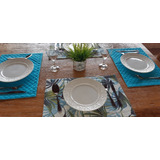 Jogo Americano Jacquard D.face Folhagem Azul 8 Lugares