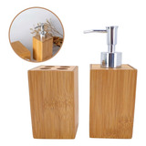 Jogo Banheiro Bambu Dispenser Sabonete E Porta Escova