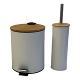 Jogo Banheiro Lixeira E Escova Sanitária Tampa Bambu 2 Pçs