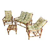 Jogo Cadeiras Poltronas Sofá De Bambu  Com Mesa E Almofadas 