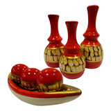 Jogo Ceramica Decorativo Centro Mesa Sala Enfeite Conjunto Cor Cristal Vermelho Mármore