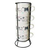 Jogo De 4 Xícaras Café Chá Porcelana Com Suporte Caneca Pets
