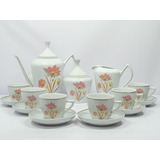 Jogo De Café Porcelana Pozzani Antigo Flores Lírio 