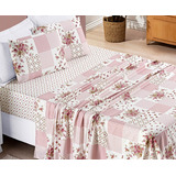 Jogo De Cama Bouti Queen 4 Peças Lençol Estampado Patchwork Cor Rosa Matura Desenho Do Tecido Florido