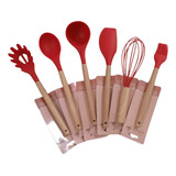 Jogo De Cozinha Kit C/ 6 Peças De Silicone Cabo De Madeira 