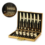 Jogo De Faqueiro Com Maleta Talher Luxo Dourado Em Inox 24pç