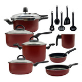 Jogo De Panelas Antiaderente 12 Pçs C/ Panela Pressão 3 Lts Cor Vermelho
