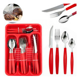 Jogo De Talheres Inox Com Suporte Gaveta Cozinha 25 Peças Cor Vermelho