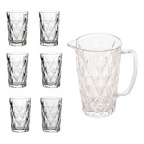 Jogo Jarra E 6 Copos Vidro Agua Suco Transparente