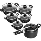 Jogo Panelas Quadradas+panela De Pressão Preto Antiaderente